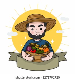 Famer with fruit and vegetable basket cartoon label logo vector illustration doodle style