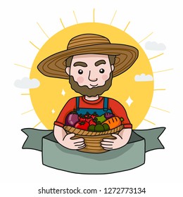Famer with fruit and vegetable basket cartoon label logo vector illustration doodle style