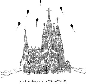 Familia Sagrada black and white vector, hand drawn sketch, with 5 balloons flying in the sky. 