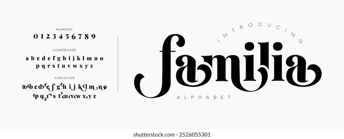 Familia typography beauty fashion elegant minimalist serif italic fonts decorative wedding vintage retro logos. Minimal luxury font alphabet logo. Vector illustration