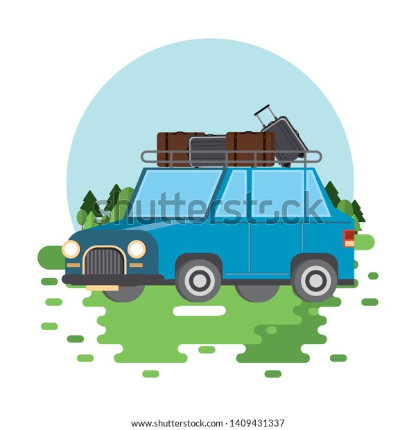 Familiar car with luggage on top in nature\
cartoon vector illustration graphic\
design