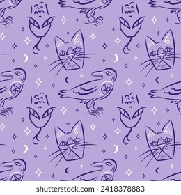 Familiar spirit, seamless pattern. Raven with witch symbol, star. Snake and black cat. Animals in abstract style. Hand drawn magician collection, Witchcraft. For Halloween, wallpaper, background