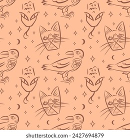 Familiar spirit, seamless pattern. Raven with witch symbol, star. Snake and black cat. Animals in abstract style. Hand drawn magic, Witchcraft. For Halloween, craft paper, background. Peach Fuzz