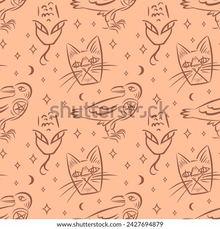 Familiar spirit, seamless pattern. Raven with witch symbol, star. Snake and black cat. Animals in abstract style. Hand drawn magic, Witchcraft. For Halloween, craft paper, background. Peach Fuzz