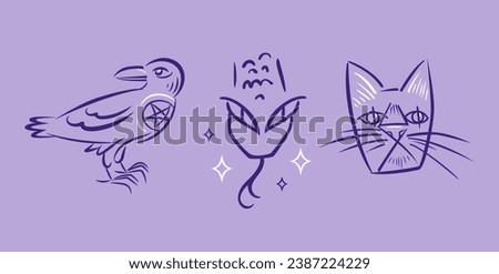 Familiar spirit. A set of creatures. Raven with witch symbol, star. Snake and black cat. Animals in abstract style. Hand drawn magician collection, Witchcraft. For Halloween, tattoo, textile, cards