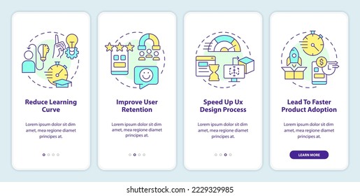 Familiarity in user experience design onboarding mobile app screen. Walkthrough 4 steps editable graphic instructions with linear concepts. UI, UX, GUI template. Myriad Pro-Bold, Regular fonts used
