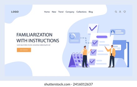 Familiarization With Instructions concept. Employees interact with a checklist, ensuring all tasks and guidelines are acknowledged. Calendar and chat bubbles accentuate the process. Flat vector.