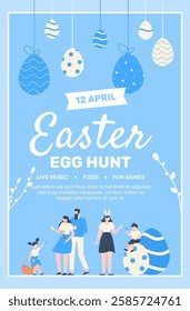 Families celebrating Easter egg hunt event with live music, food and fun games on april 12th, enjoying spring holiday with painted eggs and festive decorations