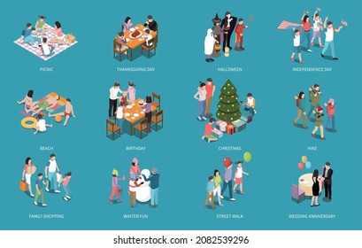 Families celebrating holidays walking hiking having picnic and doing shopping together isometric set isolated on color background 3d vector illustration