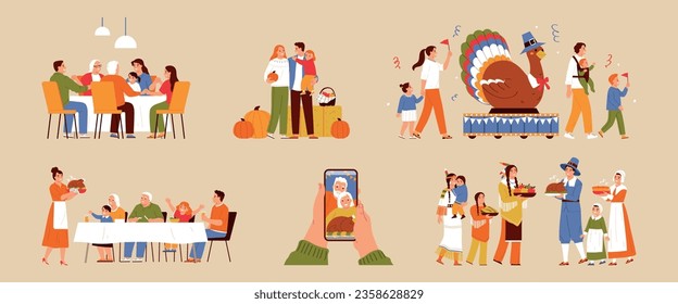 Familias celebrando el día de acción de gracias conjunto plano sobre fondo de color ilustración vectorial aislada