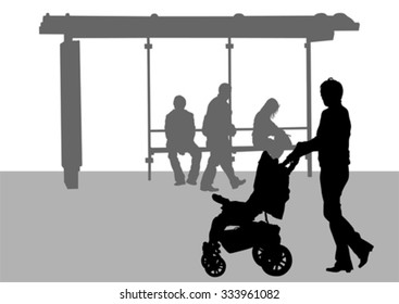 Families with child and carriage on white background