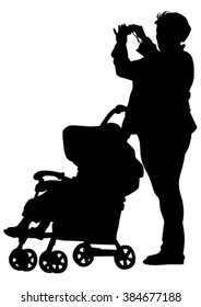 Families with child and carriage on white background