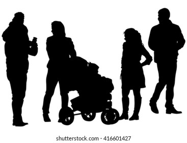 Families with child and carriage on white background