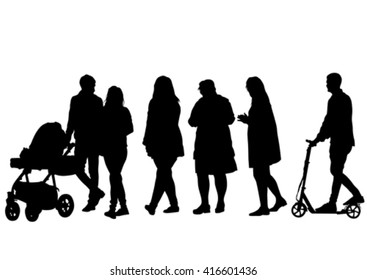 Families with child and carriage on white background