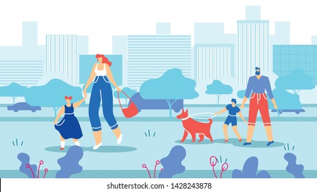 Families with Children and Animals Walk in City. Mother Holds Hand her Daughter and Leads her Along Street City. Dad Walks with his Son and Dog Through Streets Big City. Vector Illustration.