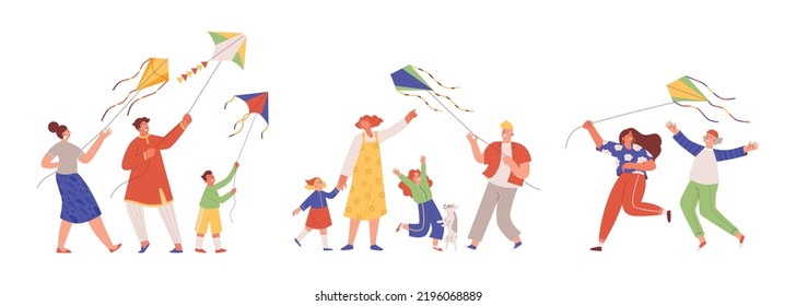 Families with children and couples playing with kite, cartoon characters set flat vector illustration isolated on white background. Happy people having fun together. svg