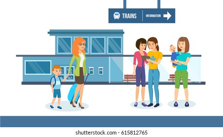 Families with children and luggage on the background of the railway station, waiting for the train. Modern vector illustration isolated on white background in cartoon style.