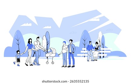 Families with children in nature explore the park, go for a walk, and engage in fun activities together, flat vector illustration isolated on white background. City park.