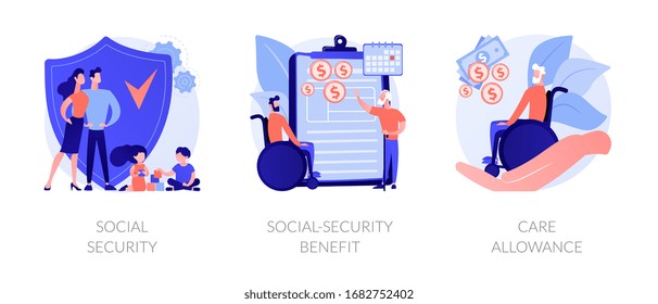 Families with children protection. Disabled and retired people financial support. Social security, social-security benefit, care allowance metaphors. Vector isolated concept metaphor illustrations