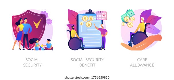 Families with children protection. Disabled and retired people financial support. Social security, social-security benefit, care allowance metaphors. Vector isolated concept metaphor illustrations