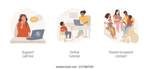 Families of children with special needs isolated cartoon vector illustration set. Support call line, online tutorial for parents with disabled kids, parent-to-parent contact vector cartoon.