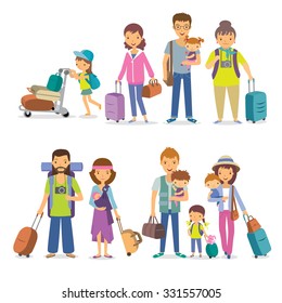 Families with children and suitcases on vacation