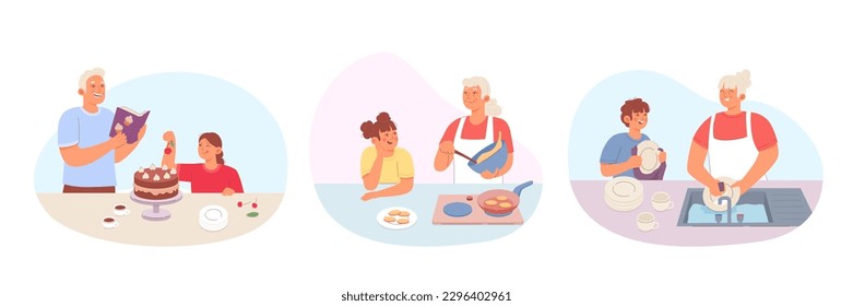 Families cooking in kitchen. Cheerful father and daughter making cake. Old lady and her granddaughter preparing cookies. Mother and son washing dishes. Set of flat vector illustrations