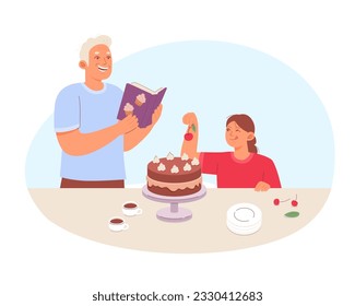 Families cooking in kitchen. Cheerful father and daughter making cake. Grandparent teaching grandchild kitchen skills. Cooking tasty food together. Flat vector illustration in warm colors