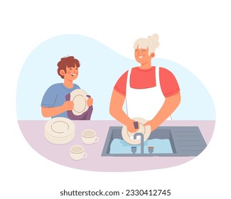 Families cooking in kitchen. Mother and son washing dishes. Grandparent teaching grandchild kitchen skills. Cleaning and washing concept. Flat vector illustration in warm colors