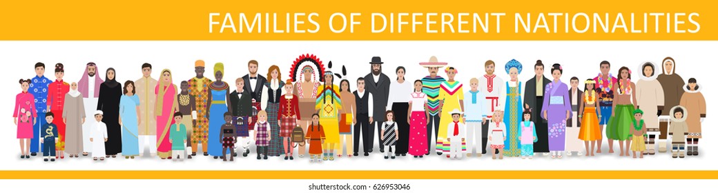 Families of different nationalities in costumes, detailed drawing, vector illustration