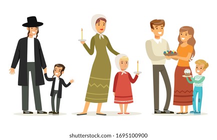 Families of Different Religions Collection, Parents and Children in Traditional Clothes Vector Illustration