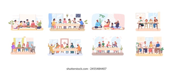 Mesas de comedor para familias. Padres hijos abuelos comiendo comida de fiesta hablando mesa de vacaciones, cena familiar desayuno almuerzo en el restaurante de la casa de la cocina, Ilustración vectorial elegante de comida de mesa familiar