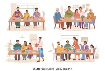 Families dining tables set. Vector parents, children and grandparents eating meals. Dinner or breakfast in kitchen or living room. Time together, communication and support one another emotionally