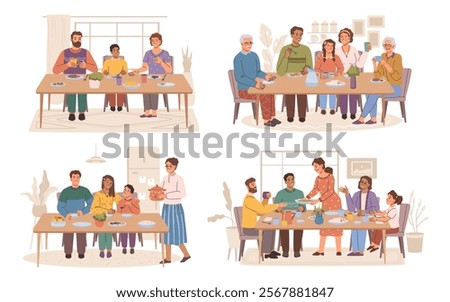 Families dining tables set. Vector parents, children and grandparents eating meals. Dinner or breakfast in kitchen or living room. Time together, communication and support one another emotionally