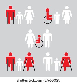 Families With The Disabled Person. A Disabled Family Member. Set Of Color Vector Icons On Gray Background.