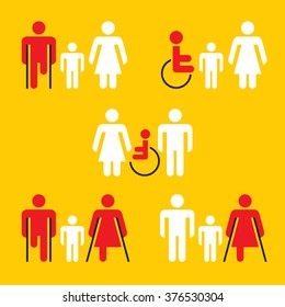 Families With The Disabled Person. A Disabled Family Member. Set Of Color Vector Icons On Yellow Background.