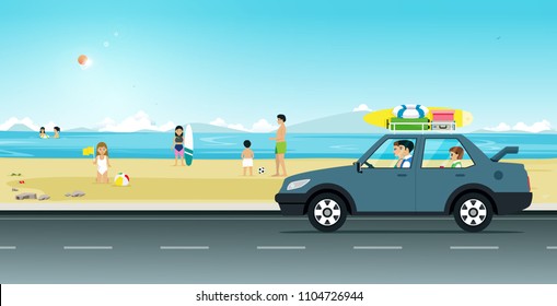 Families drive a luggage with surfboard to the beach.