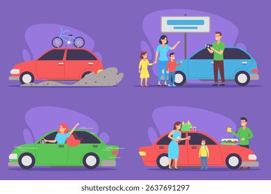 Families engaged with cars in various ways, from playful moments with children to practical activities like stopping for food. Everyday life and community interactions concept