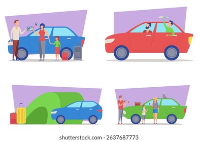 Families engaged in various activities involving cars, including washing, preparing for trips, and enjoying outdoor fun
