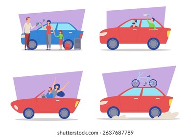 Families engaged in various activities involving cars, including washing, riding, and enjoying road trips. Joyful connections and shared experiences concept