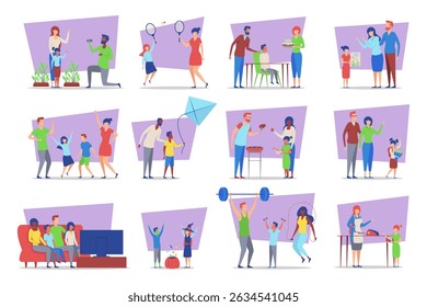 Families engaging in fun activities such as playing sports, cooking, and enjoying game time together. Togetherness and joy in diverse environments concept