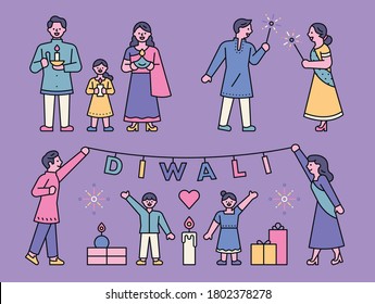 Families enjoying Diwali festival in India. flat design style minimal vector illustration.