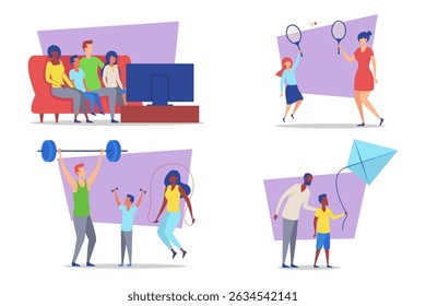 Families enjoying quality time together engaging in various activities including watching TV, playing sports, and exercising. Connection and healthy habits concept