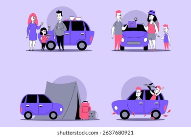 Families enjoying various activities involving cars, from dining together by food cart to exploring nature while camping. Fun and connection between loved ones concept