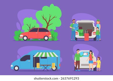 Families enjoying various activities in vibrant natural setting. One family unpacking their vehicle, while another getting ready to enjoy food from mobile vendor