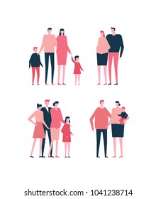 Families - flat design style set of isolated characters on white background. Cartoon young parents in casual clothes with their kids in different situations, happy couples