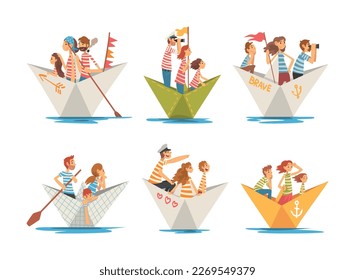 Families floating on paper boats set. Team of parents and kids in striped shirts boating on river cartoon vector illustration