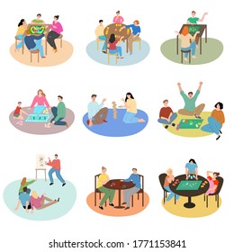 Families and friends playing board games at home and having fun together