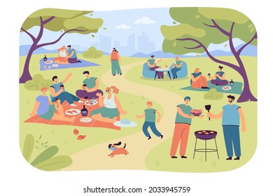 Families and friends resting in city park. Flat vector illustration. Happy people and children relaxing on picnic, enjoying spring nature outdoor, under trees. Vacation, nature, leisure concept