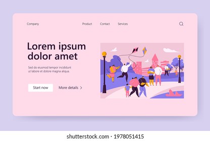 Families and friends spending spring weekend in city park. Flat vector illustration. Cartoon couples with kids enjoying holiday, walking, playing outdoors. Leisure activity, nature, family concept